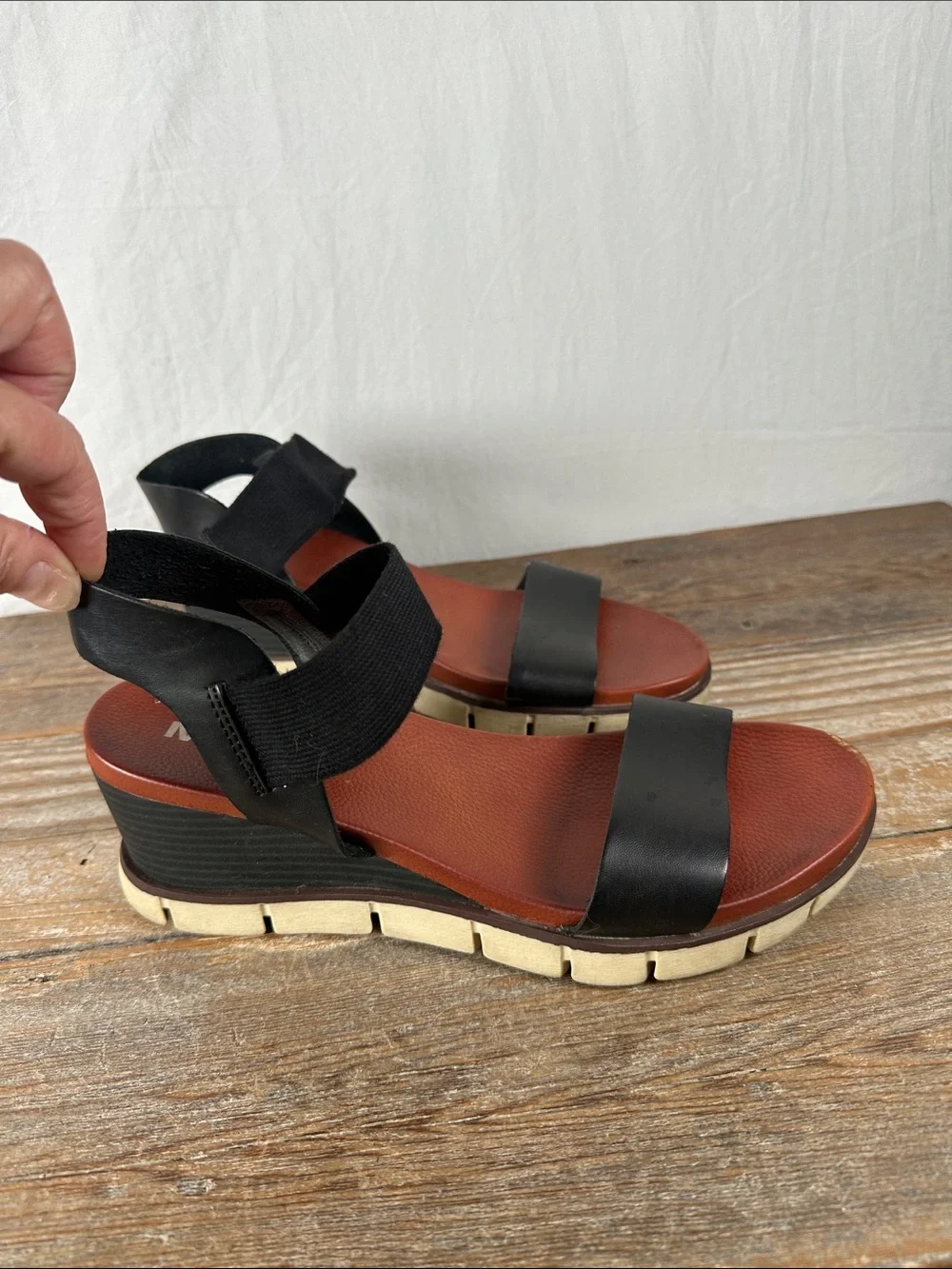 MIA Black Leather Strap Wedge Sandals with Brown Footbed - Picture 2 of 6